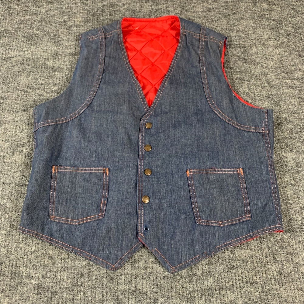 Vintage Big Smith Vest Mens Medium Blue Denim Quilted Liner Western Workwear 70s